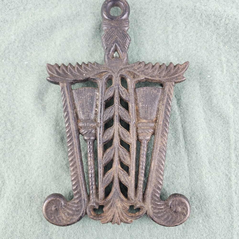 Vintage Cast Iron Black Broom Wheat Broomstick Gothic Themed Trivet #2